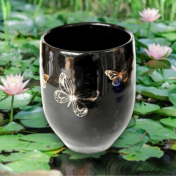 Gold Butterflies on Black Pottery Vase, Pen-Pencil or Makeup Brush Holder - Picture 2 of 11